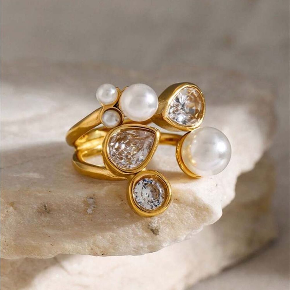 Anthropologie Gold Pearl and Crystal Ring